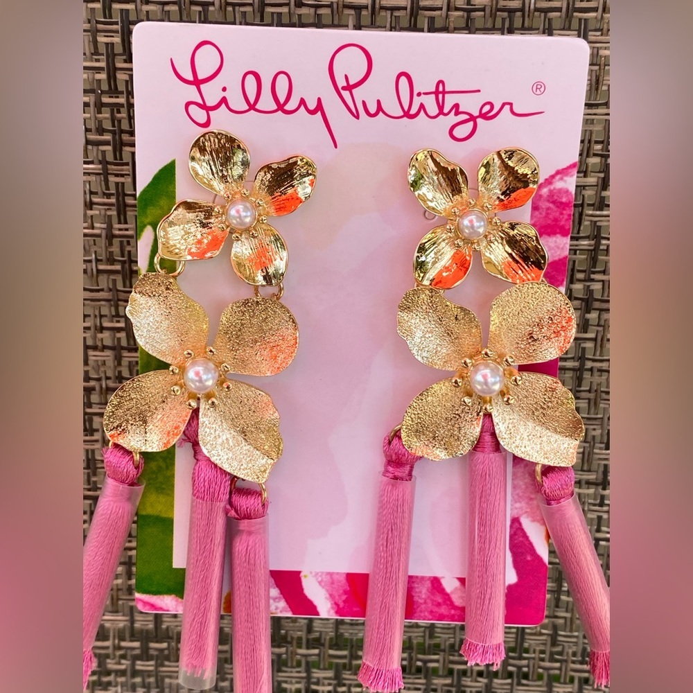 LILLY PULITZER Via Flora Roxie Pink Gold Orchid Tassel Earrings - Picture 5 of 8